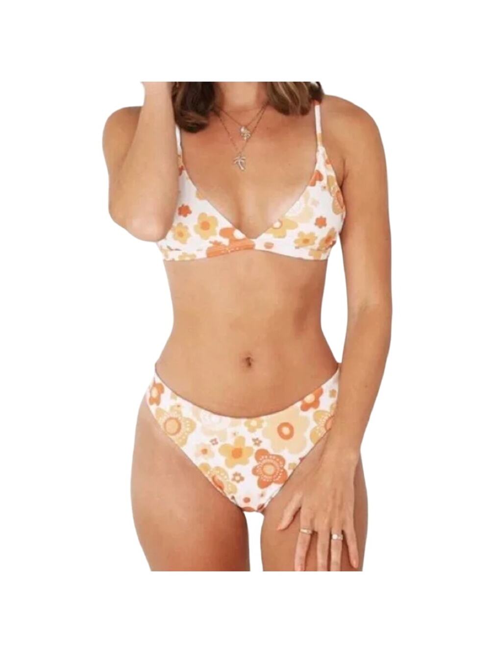 Aurelle L McCall Bikini Set Orange Retro Floral Print Two Piece Bold Bright